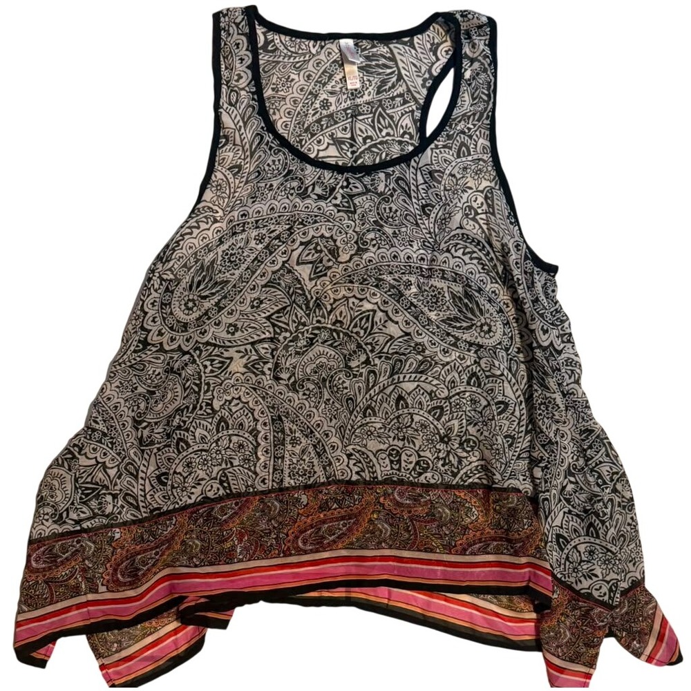 Xhilaration Womens Paisley Sharkbite Racerback Tank Top Black White Pink XL
